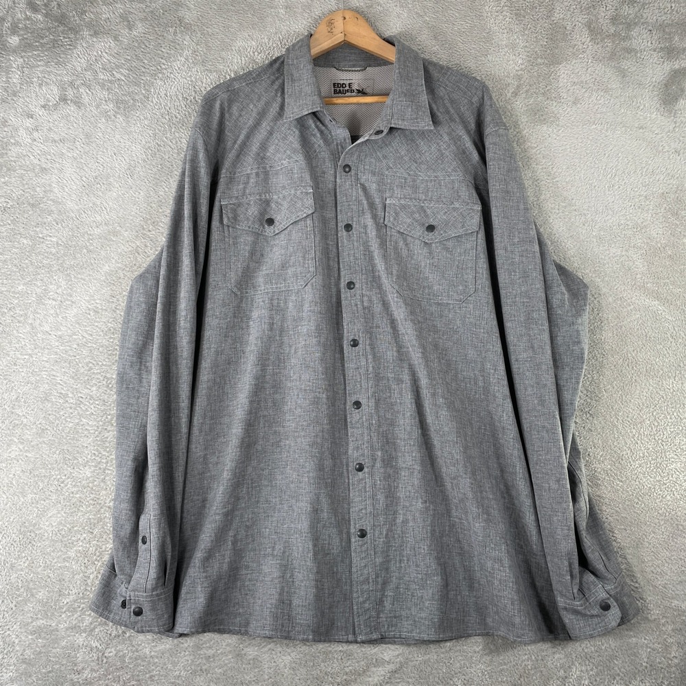 Eddie Bauer Shirt Mens 2XL Tall Gray Snap Front Hiking Outdoor Work Performance